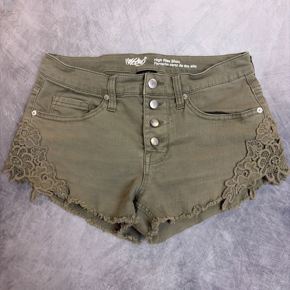Mossimo Denim Olive Green High Rise Button Fly Crochet Lace Trim Shorts Sz 4/27